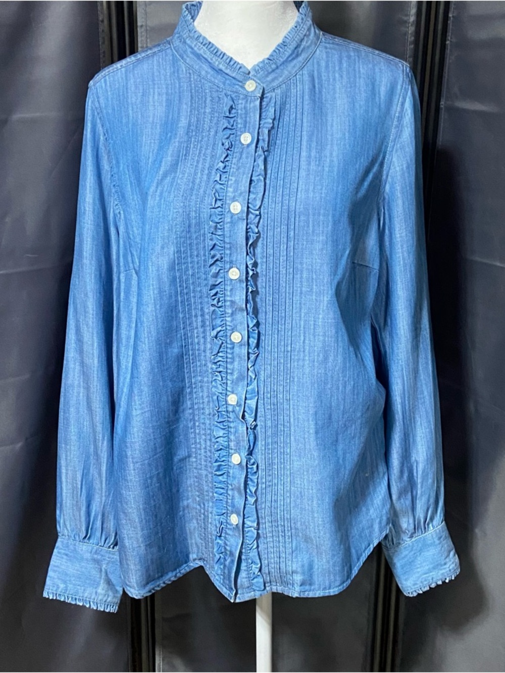 Crown & Ivy Long Sleeve Ruffle Eco Friendly  Denim Button up shirt Blouse M